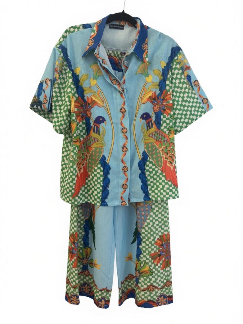 Kiwi Saint Tropez Tropical Print Linene Shirt and Long Pants Set