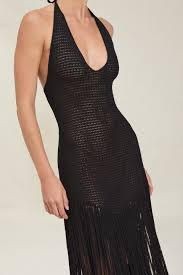 Devon Windsor Black Knit Fringe Hem Tie Strap Midi Dress