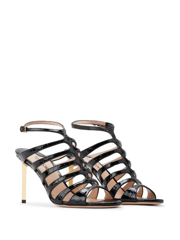 TOM FORD Carine Croc-embossed black patent leather cage sandal heels