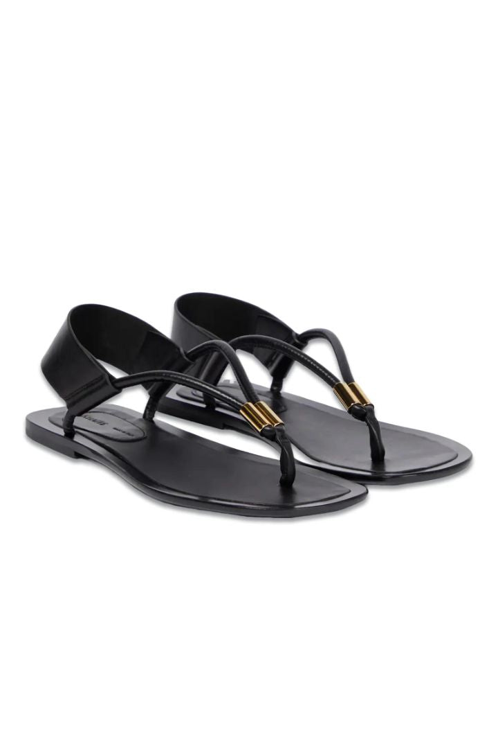 Khaite Black Leather Thong Sandals with Gold Hardware