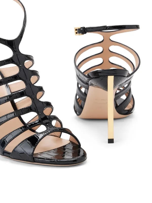 TOM FORD Carine Croc-embossed black patent leather cage sandal heels