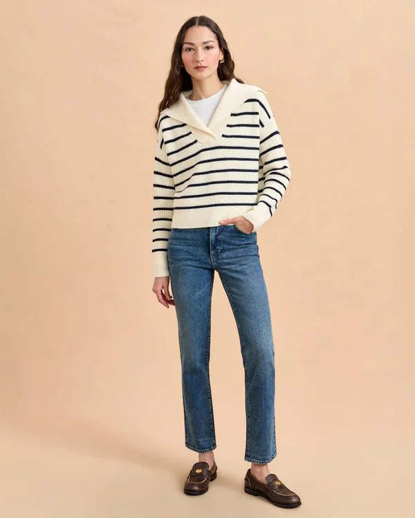 LA LIGNE merino wool cream w black stripes collar knit pullover