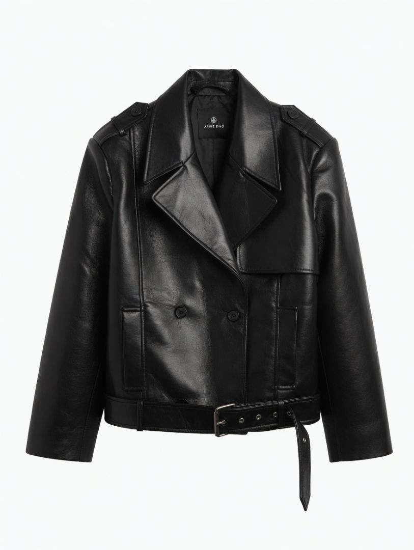 Anine Bing Simone Black Leather Double Breasted Belted Jacket