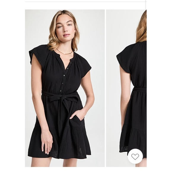 XIRENA black gauze mini button up dress with belt, t shirt sleeves