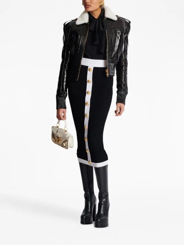 BALMAIN black ribbed white with gold buttons skirt