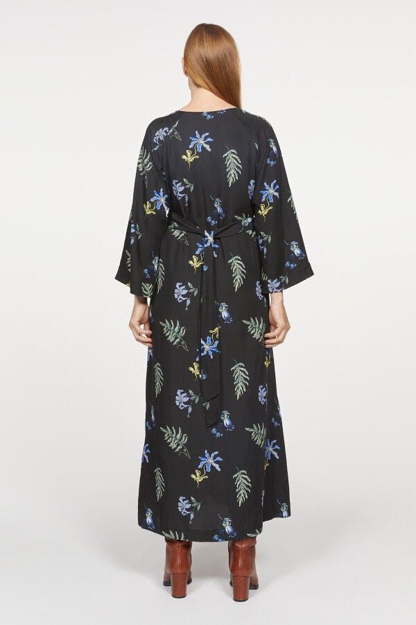 RODEBJER black maxi dress with blue green yellow flowers 3 quarter sleeves