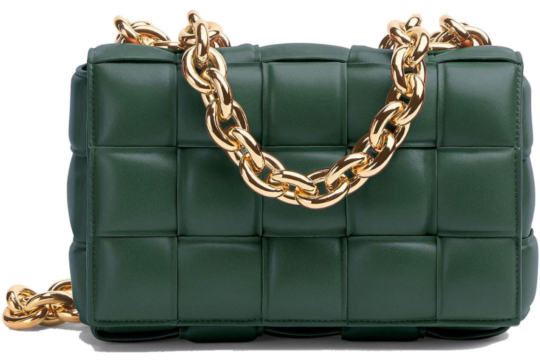 Bottega Veneta Green Woven Leather Padded Cassette Bag with Gold Chain Strap