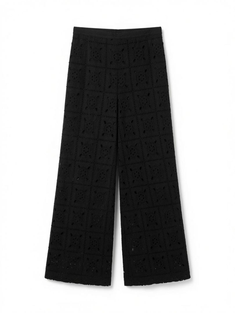 Miguelina Black Eyelet Lace Two Piece Set. Top and Wide Leg Pants