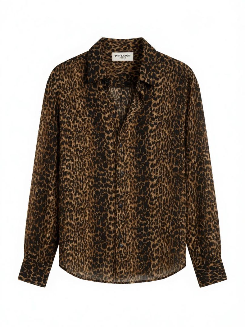 SAINT LAURENT leopard print long sleeve sheer button up wool blouse