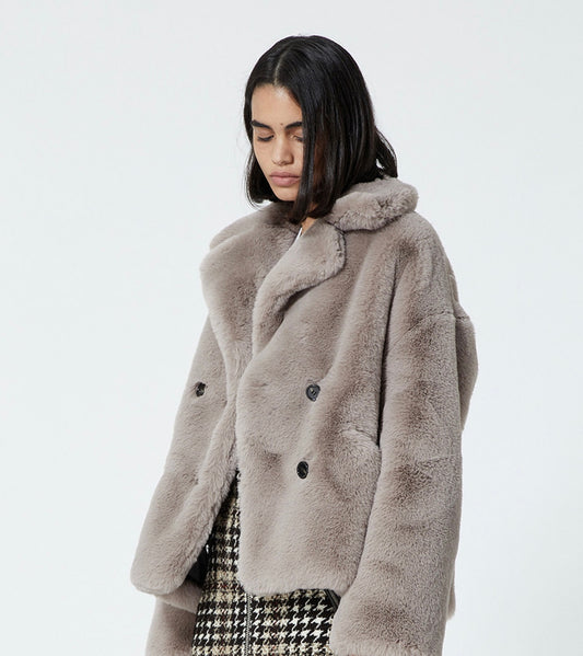 The Kooples - CROPPED GREY FAUX FUR COAT