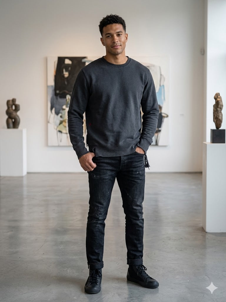KSUBI dark grey distressed crew neck sweater