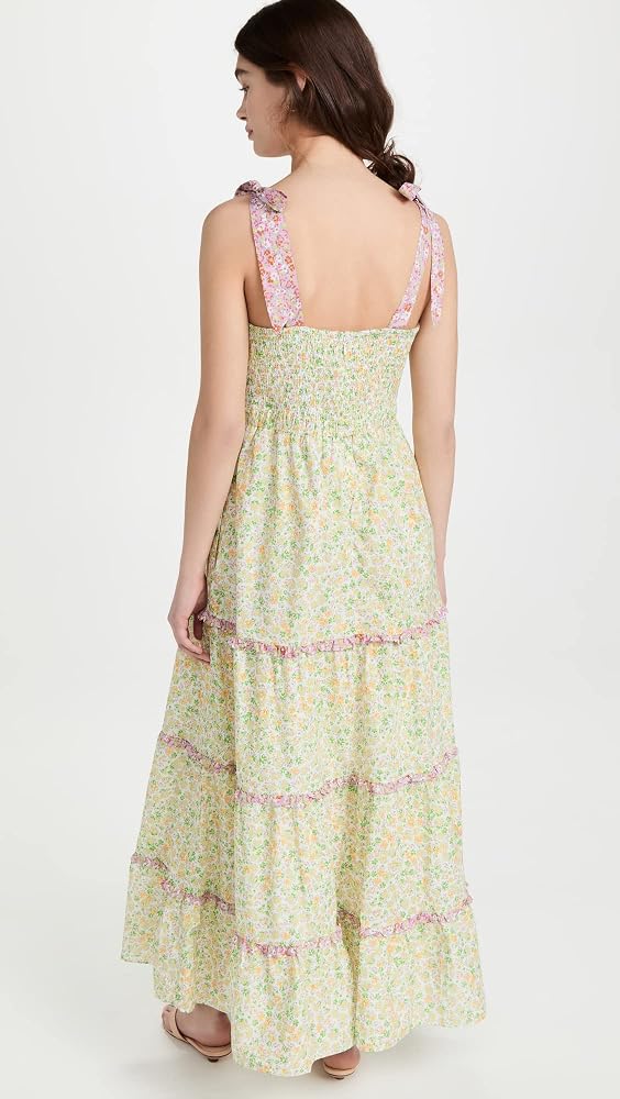 LOST + WANDER green floral print maxi dress with pink tie straps NWT