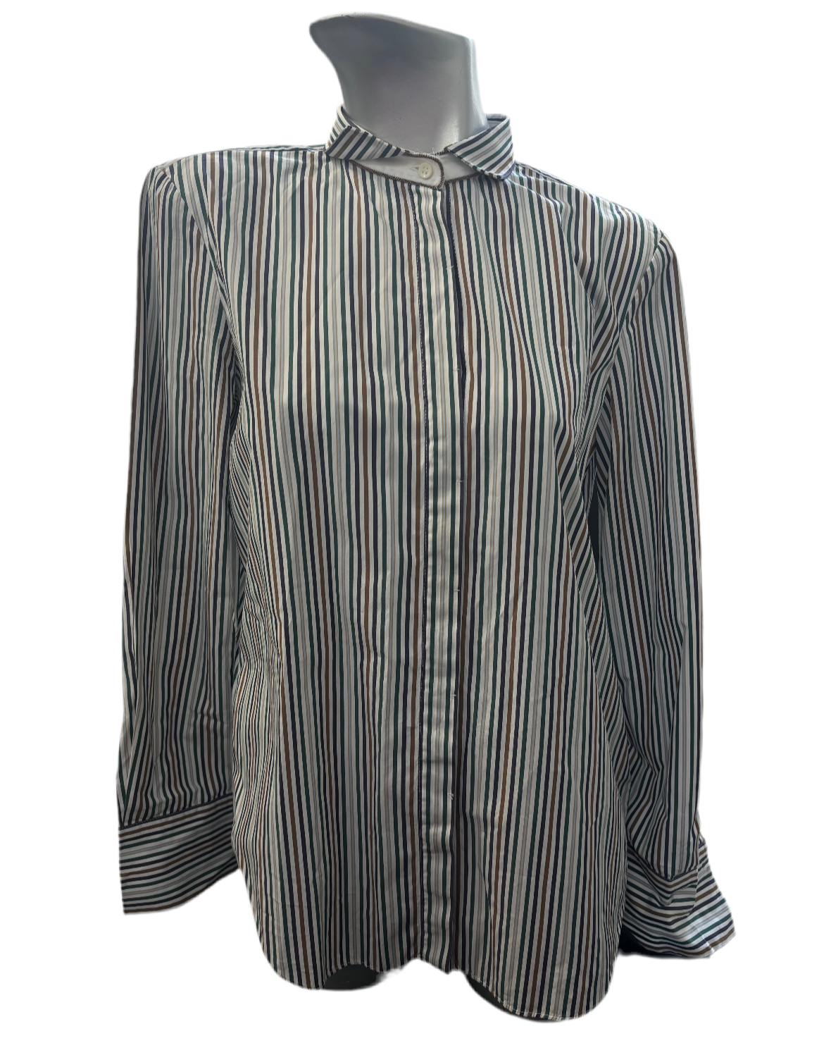 Brunello Cucinelli navy, green, tan stripe button up with monili