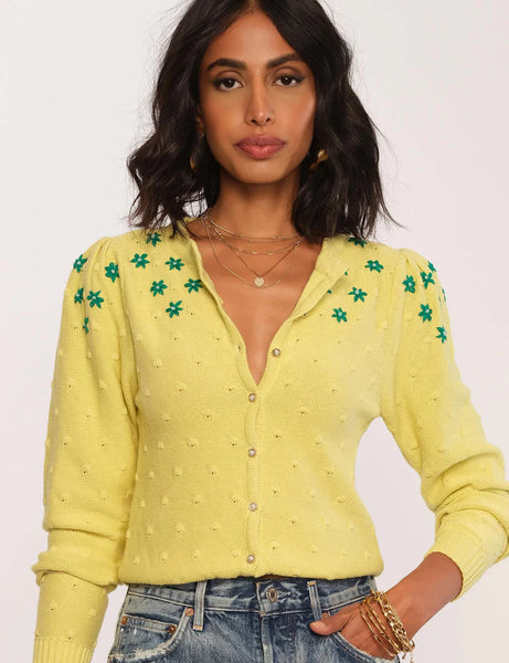 HEARTLOOM lime yellow cardigan with floral detail and pearl buttons