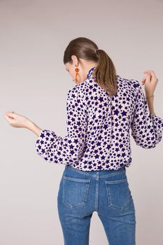 RIXO long sleeve blouse, white with blue stars, neck tie