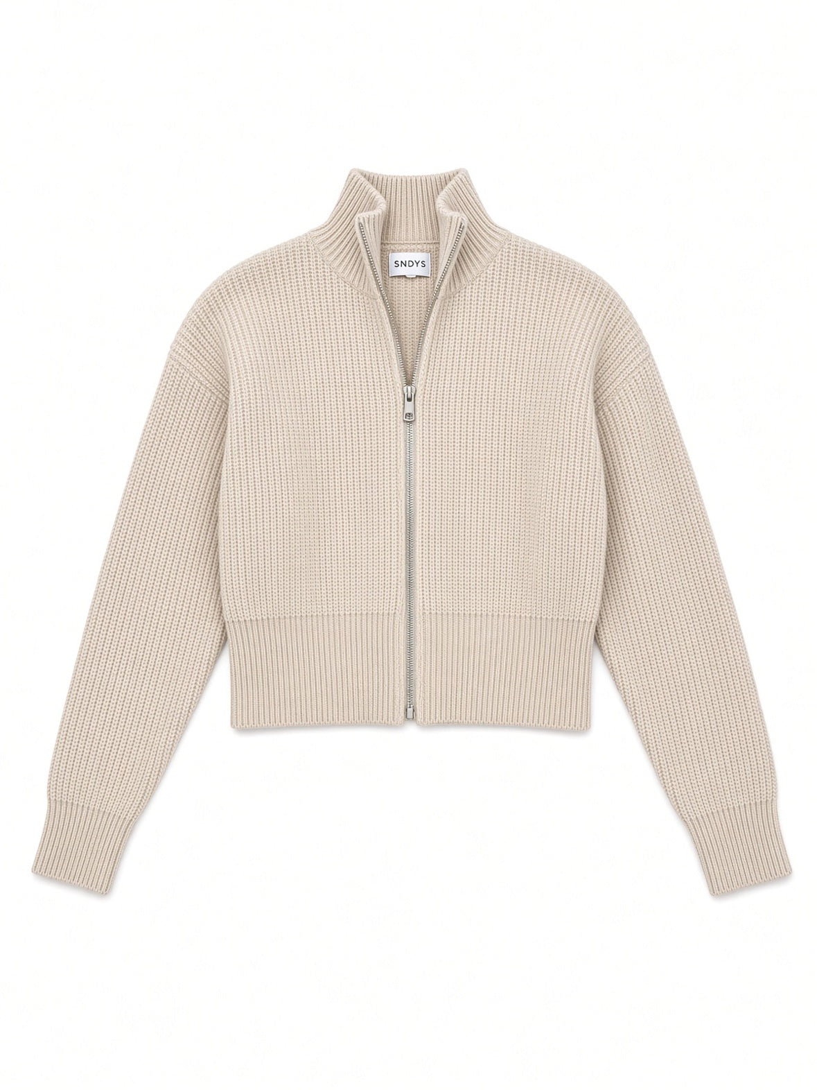 Sndys Oatmeal Cropped Rib Knit Zip Cardigan