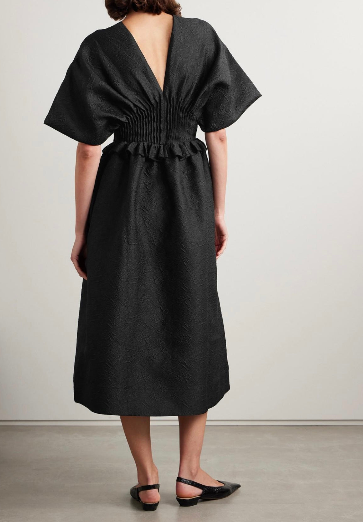 SEA NEW YORK black dress, floral stitching, large tshrirt sleeves, synched waistng