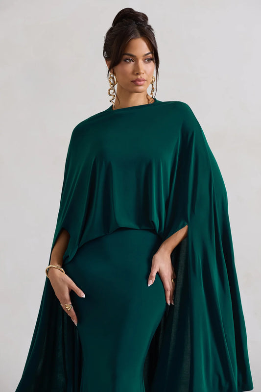 CLUB LONDON CHARMAINE
BOTTLE GREEN HIGH-NECK MAXI DRESS WITH CAPE