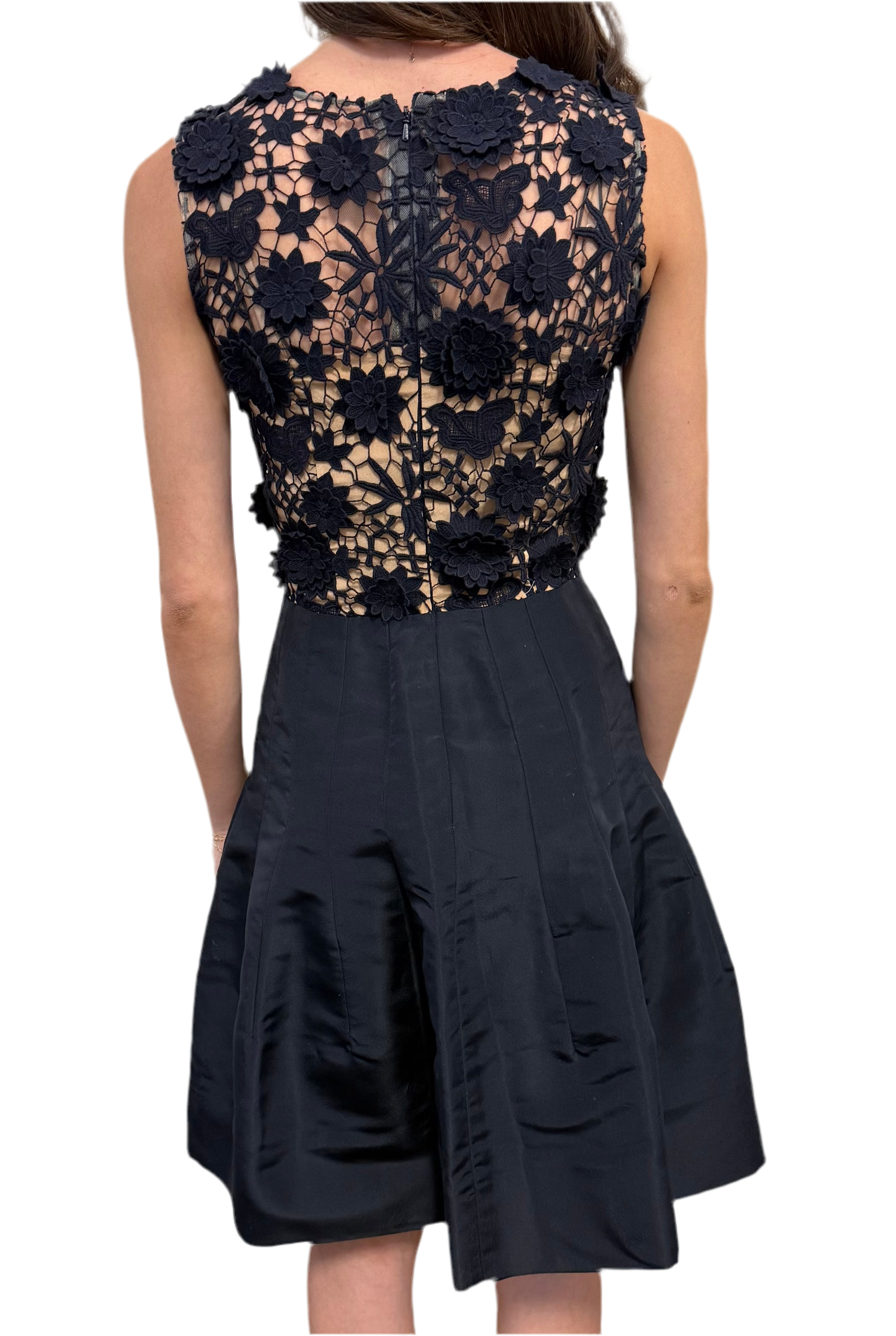 Oscar De La RENTA - Navy Crochet & Flared Pleated Cocktail Dress