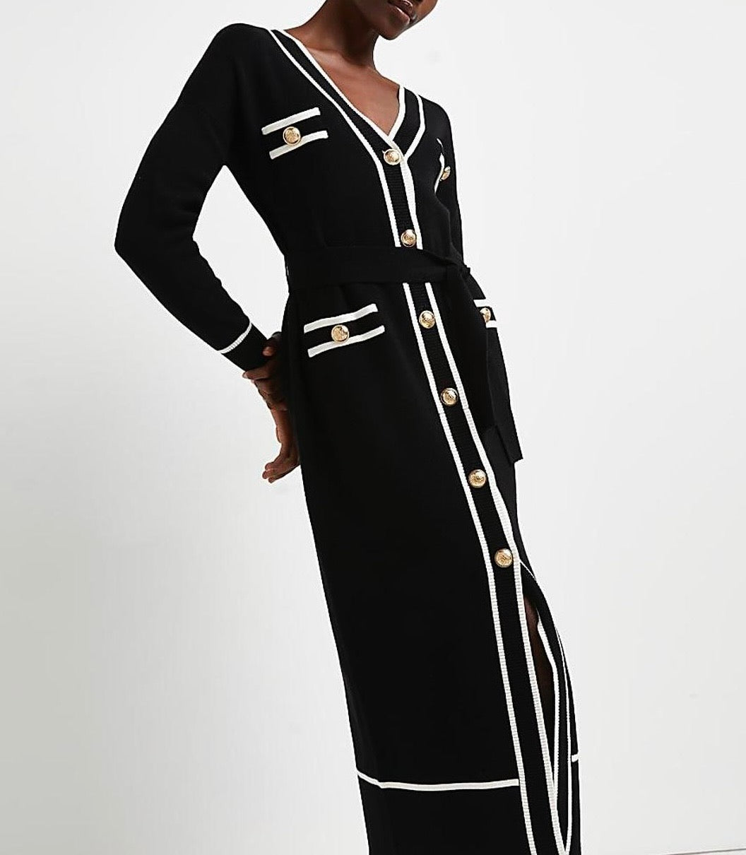 RIVER ISLAND NWT black with white trim knit dress and gold buttons