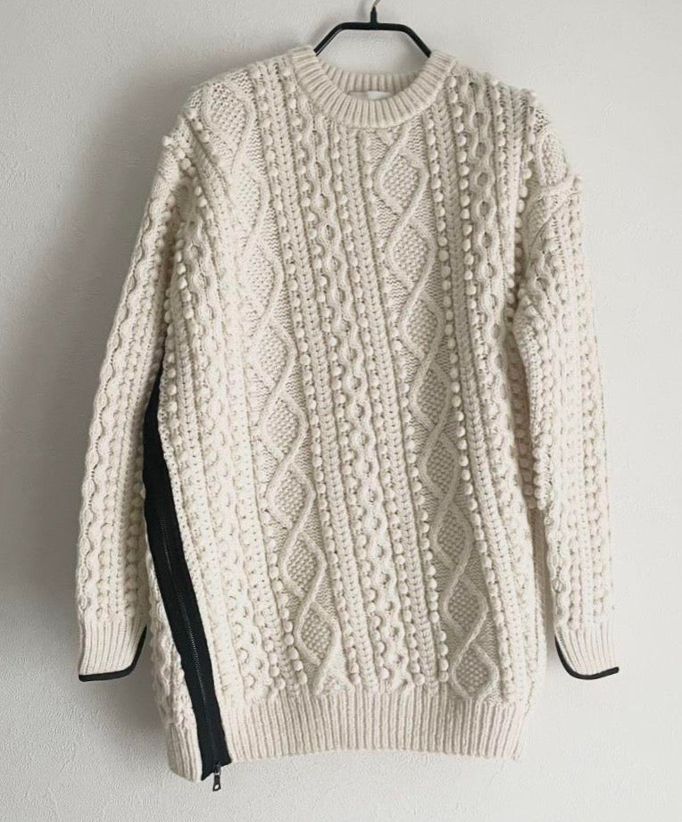 3:1 PHILLIP LIM cream long sleeve knit, little pom poms, black stripe with zipper on side