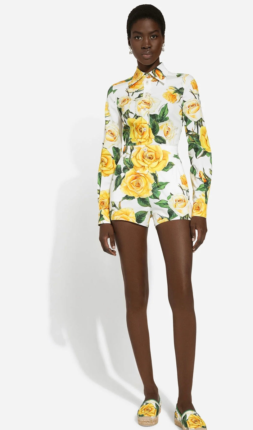 DOLCE & GABBANA- Cotton shorts with yellow rose print