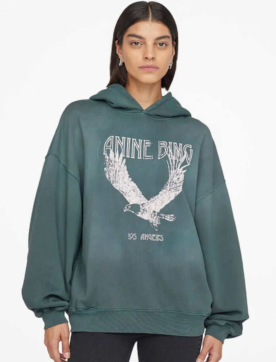 ANINE BING ASH HOODIE EAGLE IN FADED EMERALD GREEN Shop Cares Closet