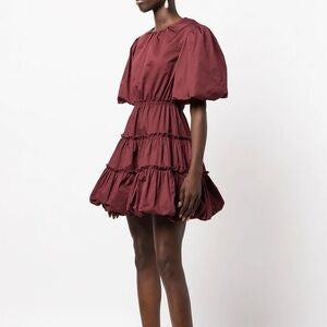 JASON WU burgundy mini dress with puff shoulders and ruffles