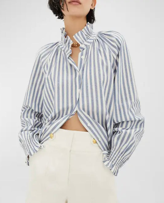 Veronica Beard Jeans
Calisto Striped Ruffle Collar Shirt