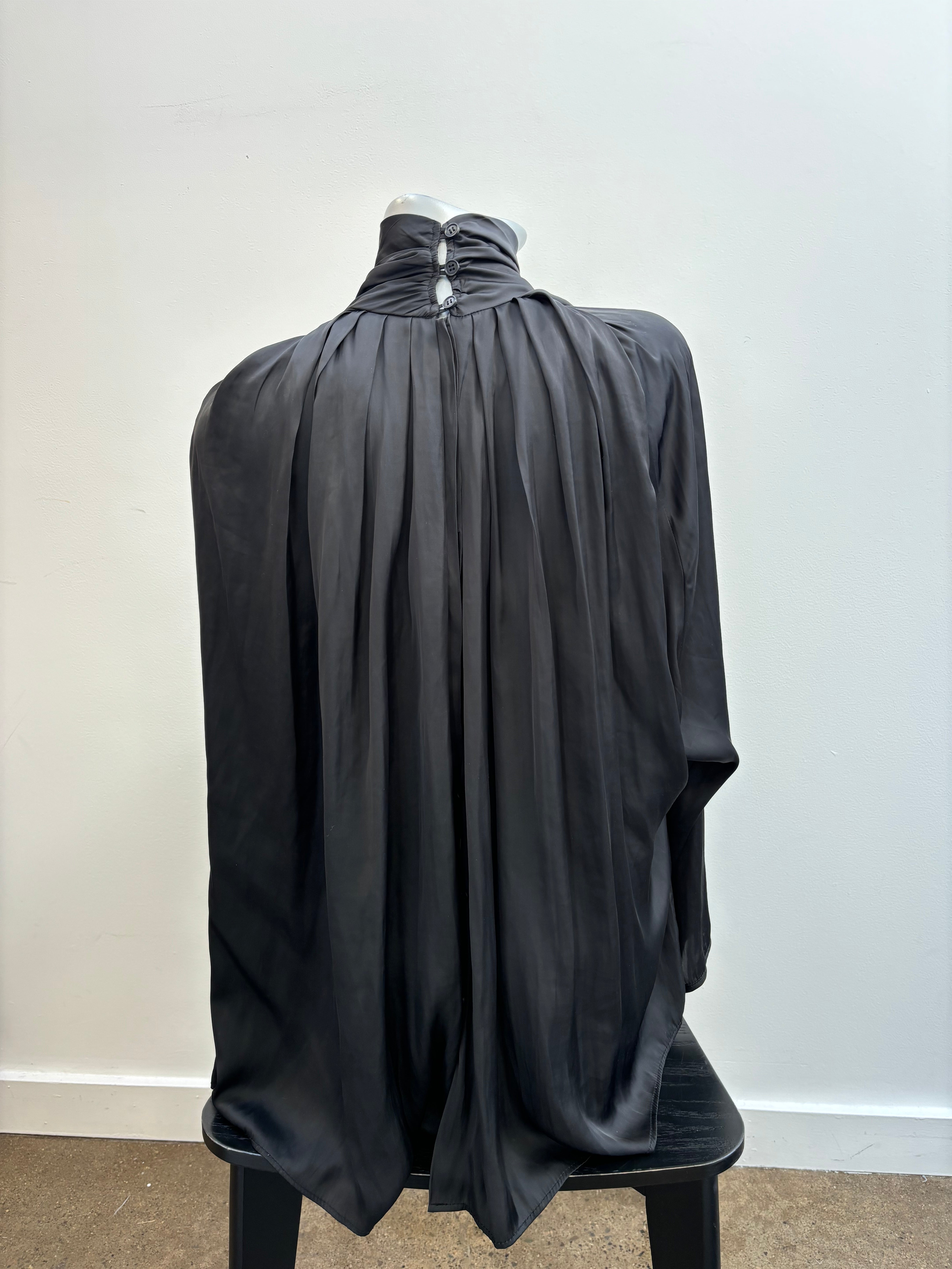SMYTHE black satin turtleneck long sleeve blouse, button up back