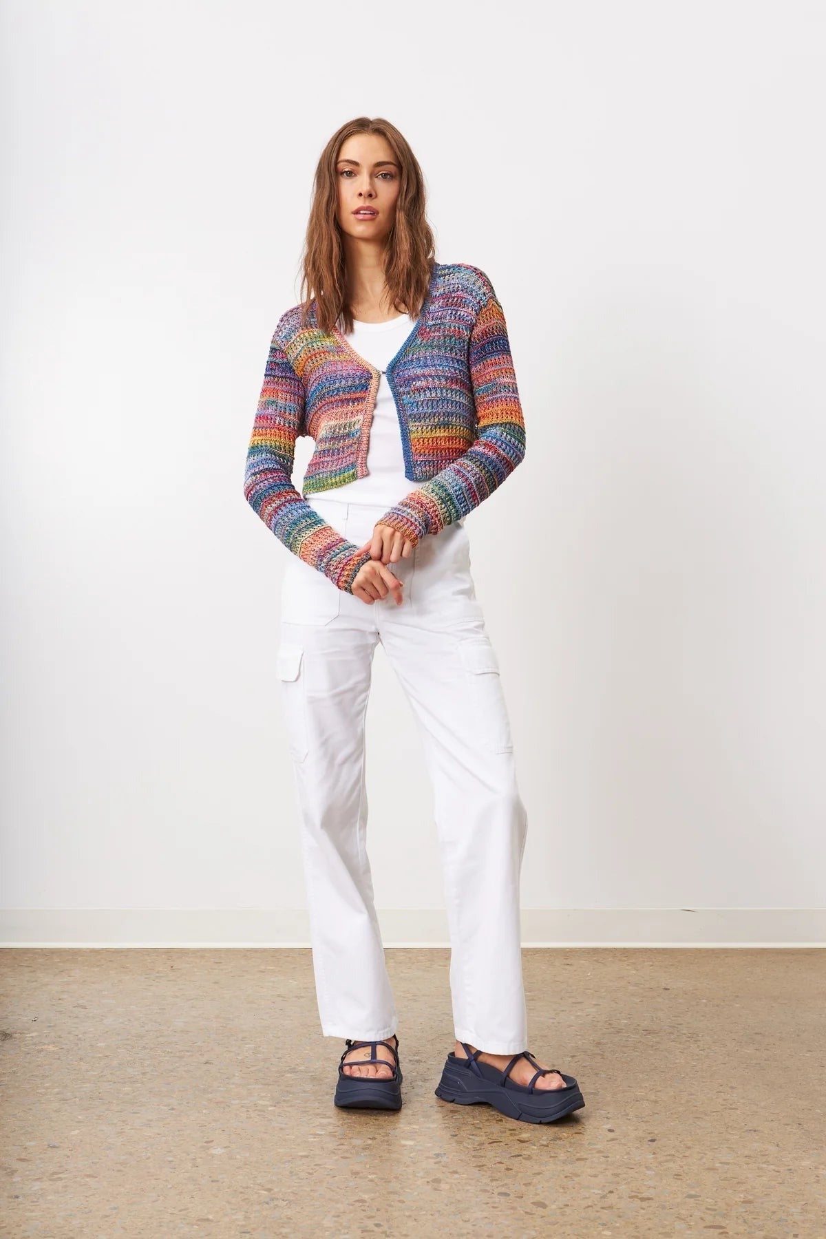 LINE rainbow knit cropped long sleeve cardigan NWT soleil azure