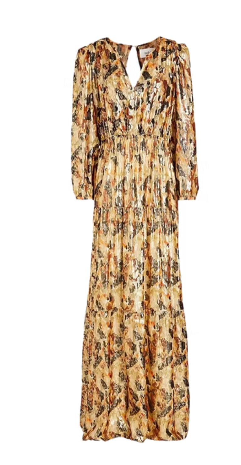 BA&SH Gullian Robe Maxi Dress Long Sleeve Gold Metallic Print