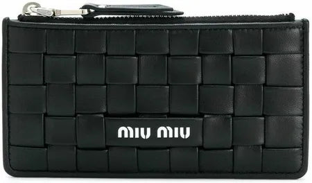 Miu Miu Black Woven Leather Zip Card Holder
