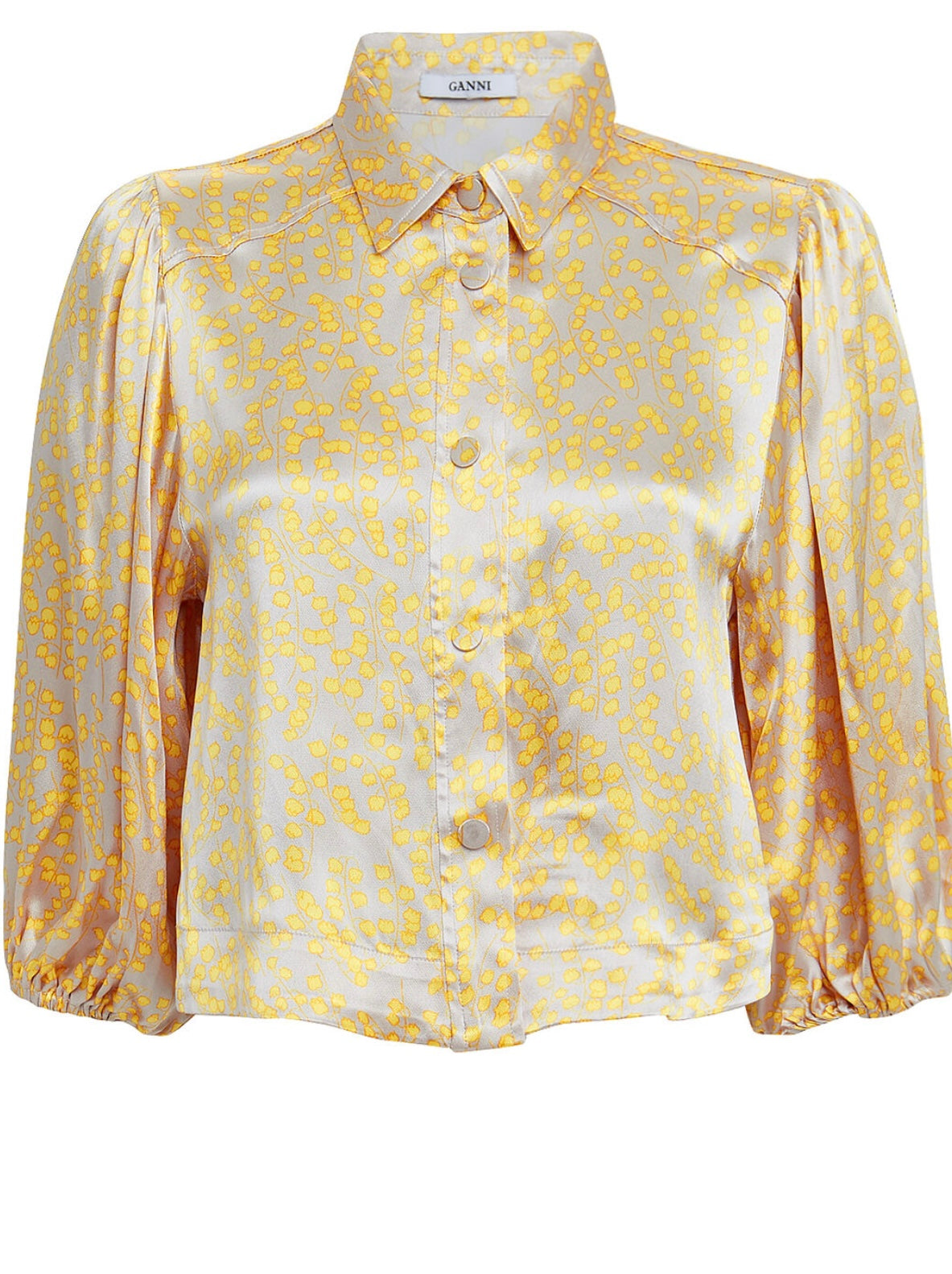 GANNI yellow and cream floral snap button blouse