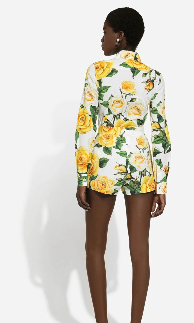 DOLCE & GABBANA- Cotton shorts with yellow rose print