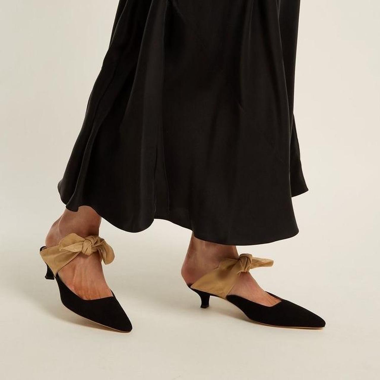 THE ROW coco mule, black suede with ivory silk bow, w dust bags and box