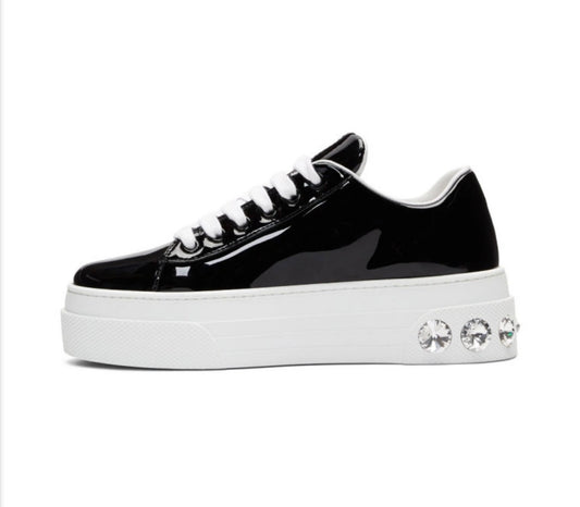 Miu Miu Black Patent Crystal Platform Sneakers