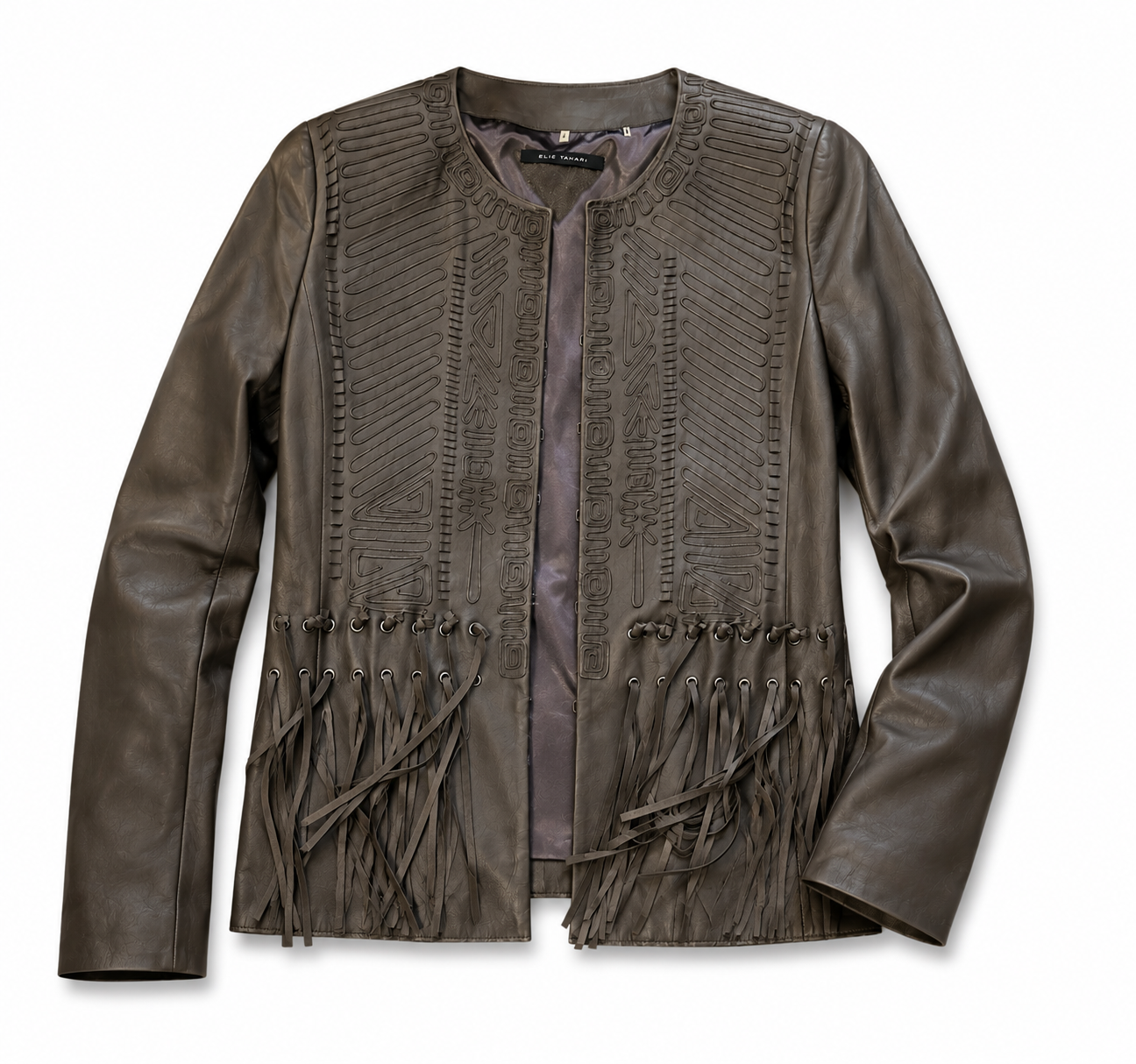 ELLIE TAHARI brown leather jacket with fringe