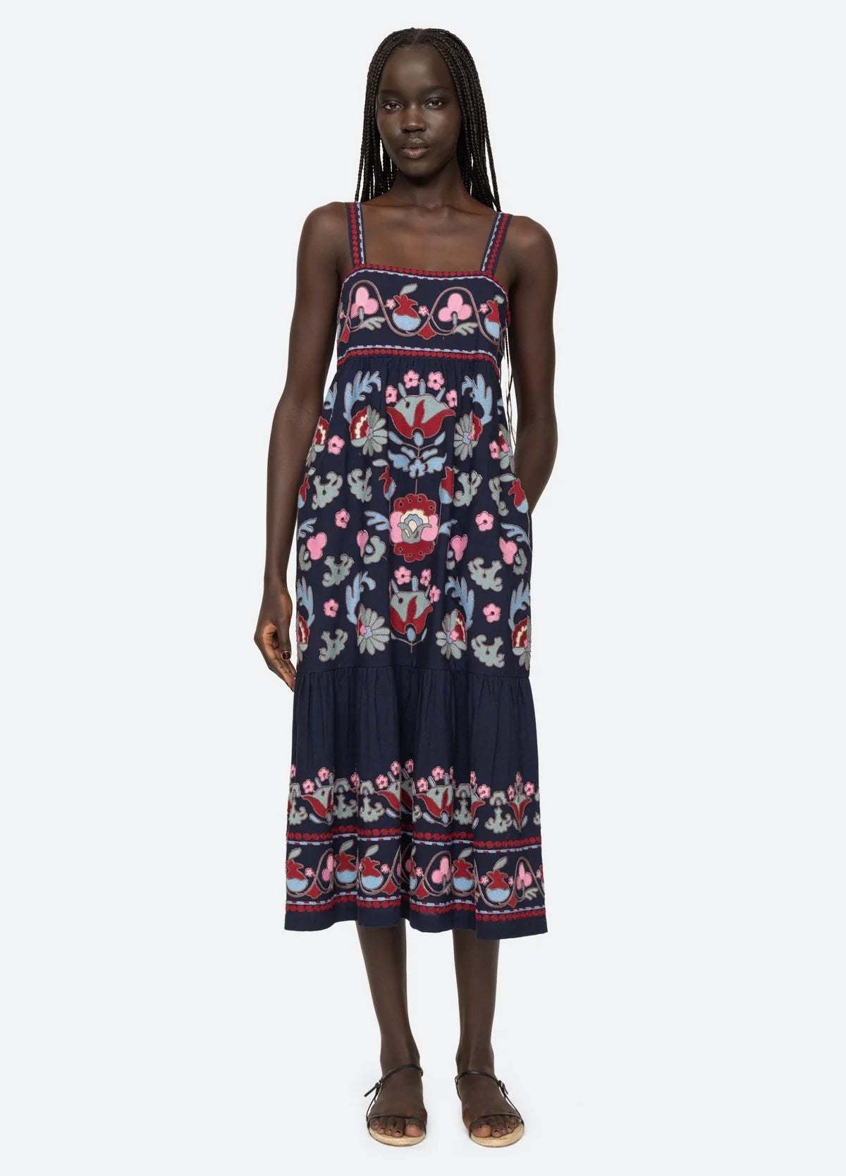 SEA NEW YORK  navy maxi dress with floral embroidery