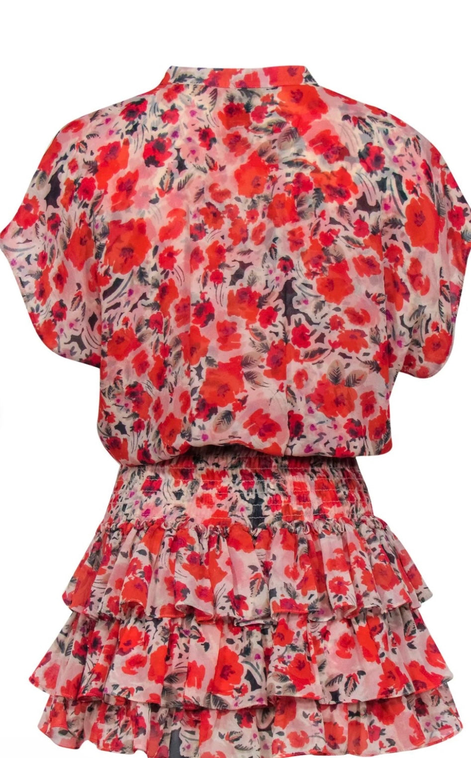 MISA LOS ANGELES- Pink & Red floral Print Cap Sleeve Ruffled Dress