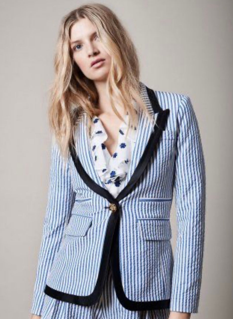 SMYTHE - Taped Peaked Lapel Blazer in Blue Seersucker