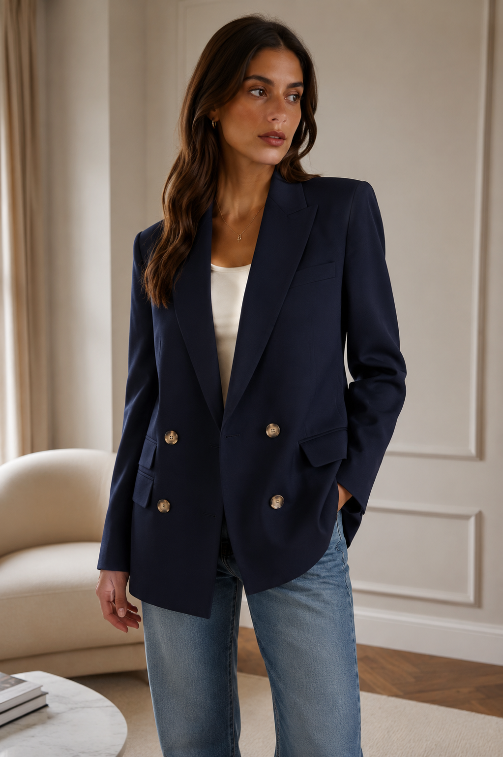TWP Navy Double Breasted Long Blazer