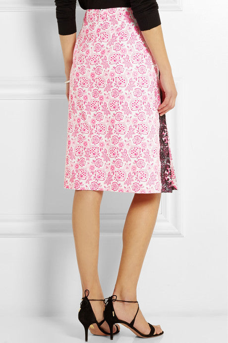 CHRISTOPHER KANE neon pink floral print with lace trim pencil skirt