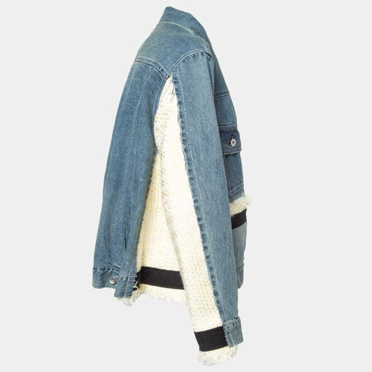 SACAI 5427 blue denim jacket with white tweed panelling and black canvas accents