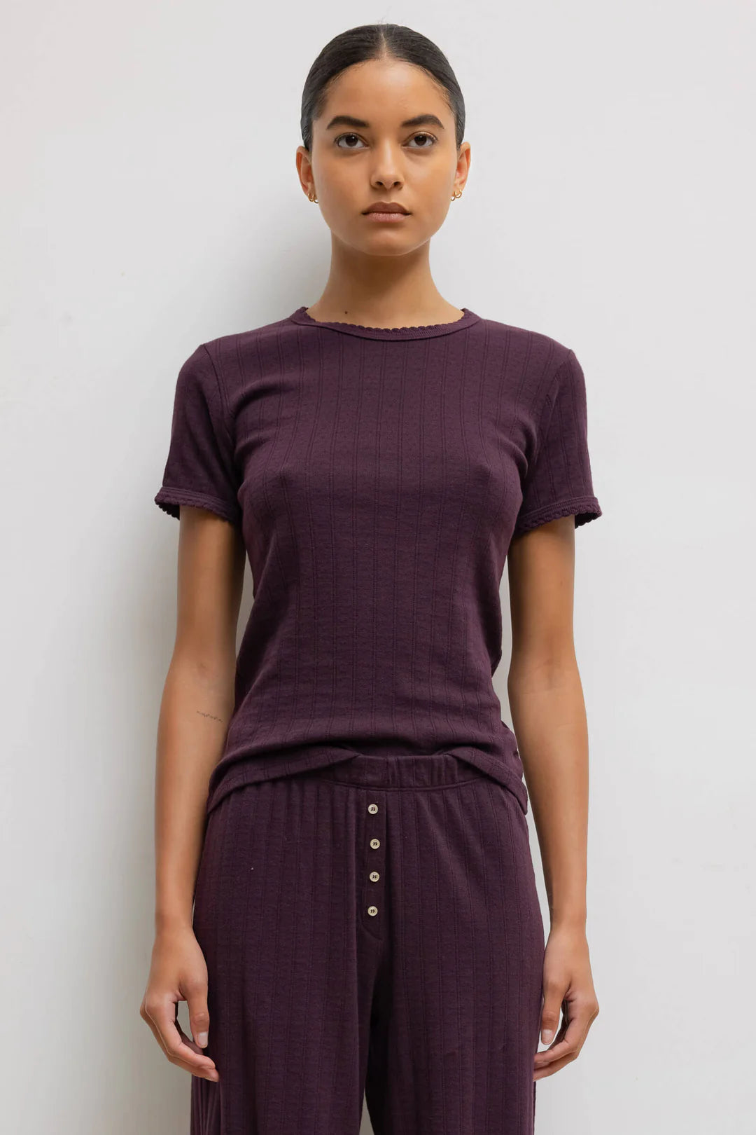 LESET purple pointelle long sleeve and sweatpants with white buttons