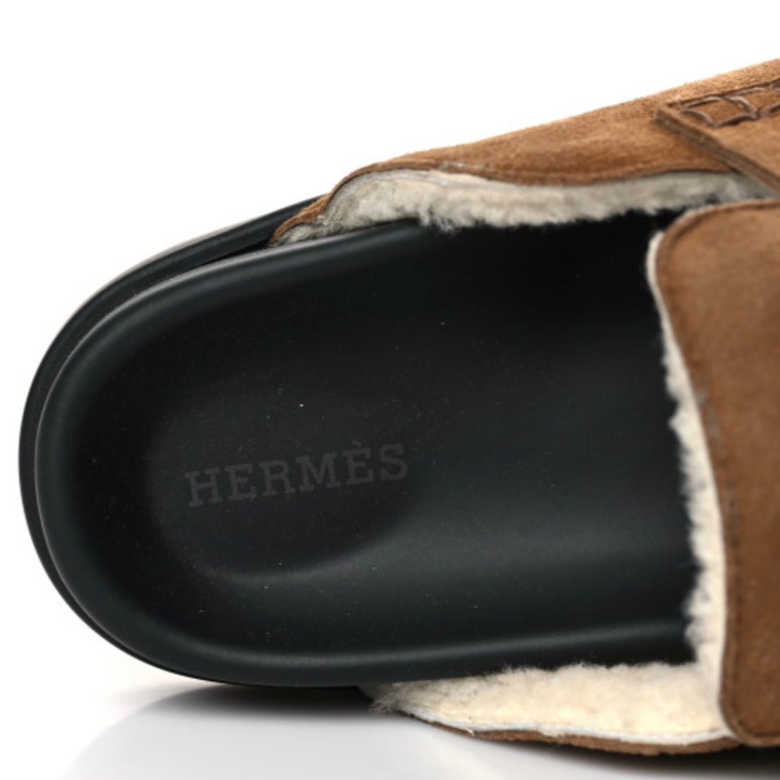 HERMES 
Suede Goatskin Shearling Go Mules 35 Brun Frume Ecru