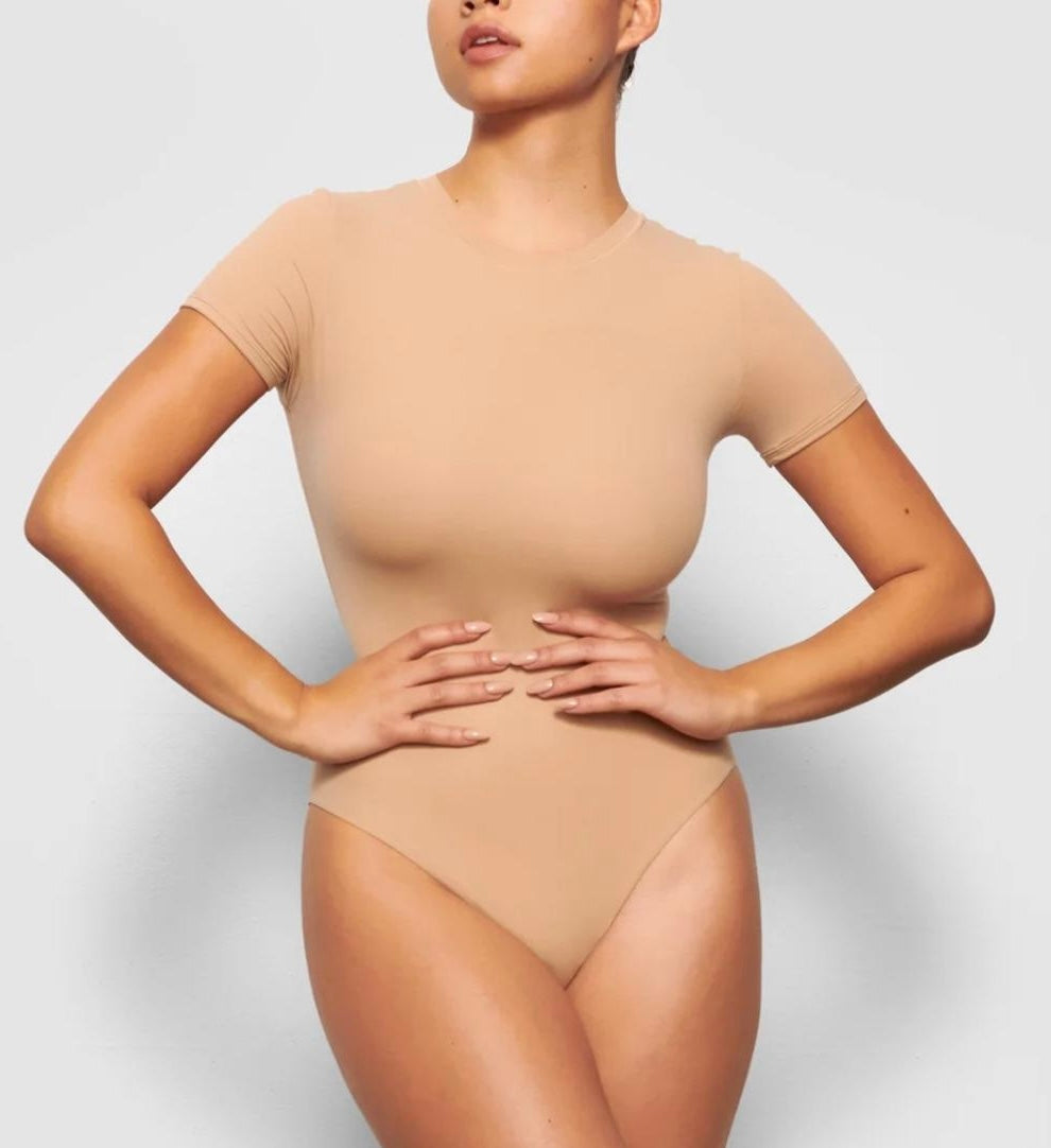 SKIMS tan short sleeve bodysuit
