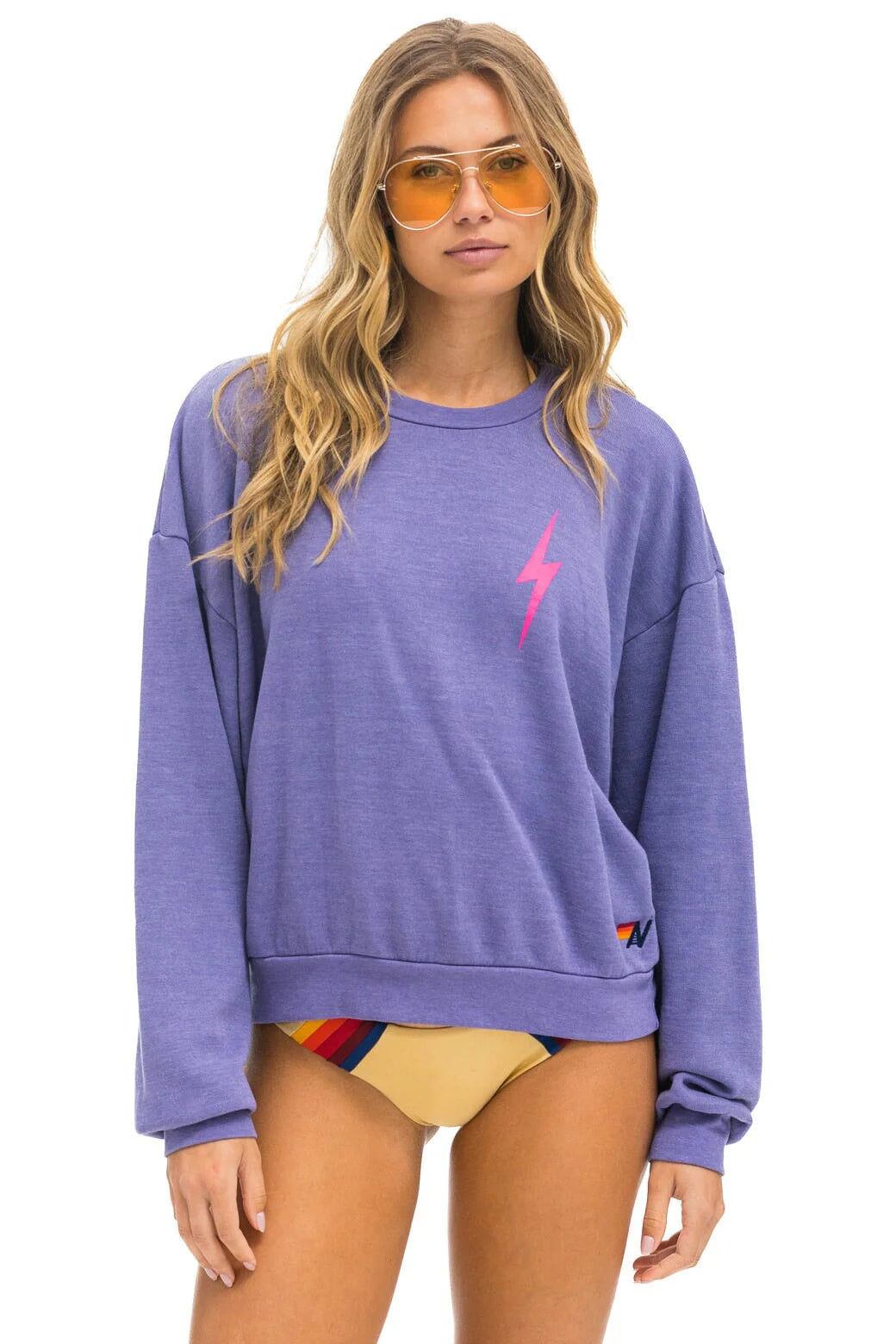 AVIATOR NATION purple crew neck w pink lightning bolt