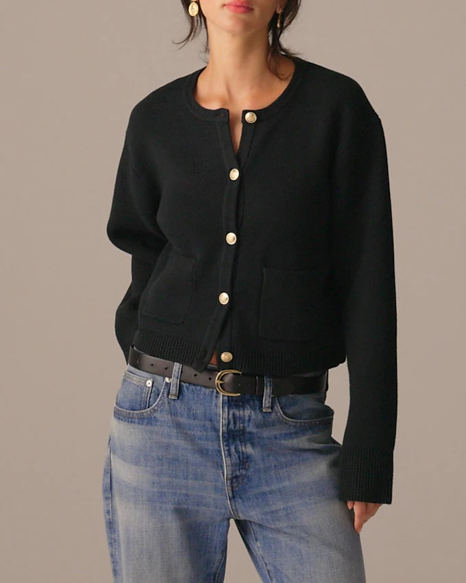 J CREW black cardi with gold buttons and front pockets