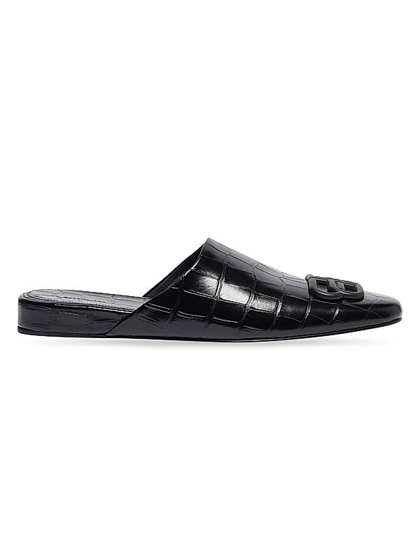 BALENCIAGA black croc mules with "BB" logo